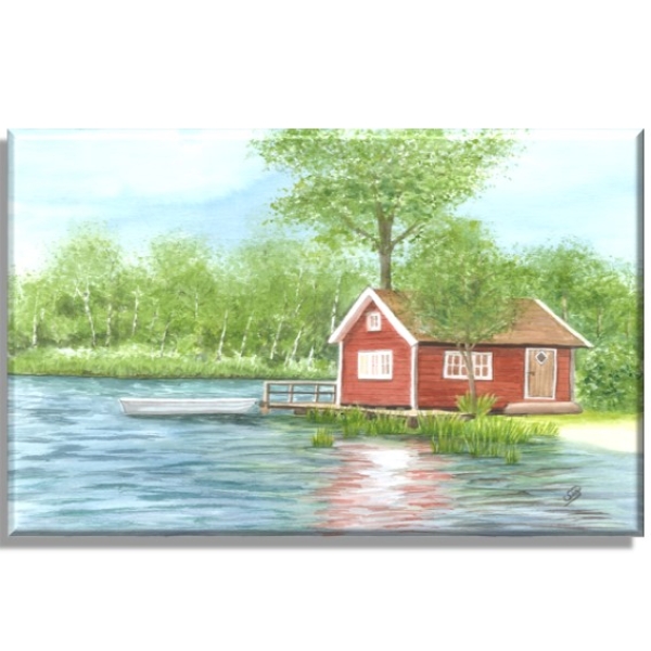 Leinwand 40 x 30 cm Keilrahmen Canvas-Leinen Aquarell Kunst Druck Kunstdruck Schweden Sweden Sverige Schären Haus Inseln See